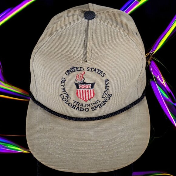 Vintage US Olympic Training Center Corduroy Cap Snapback Hat MADE IN USA Tan Bei - Picture 1 of 10